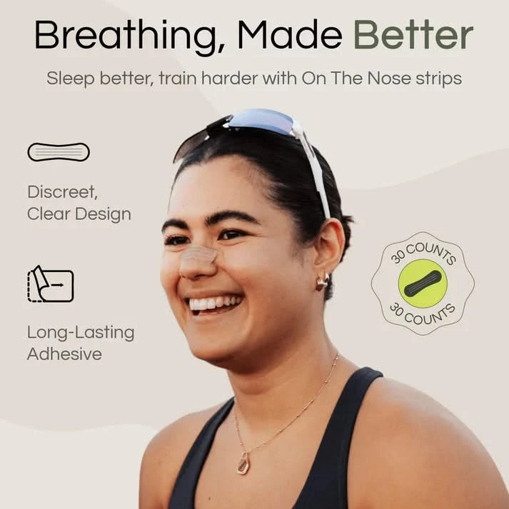 Woman wearing nose strip with product features listed on a light background