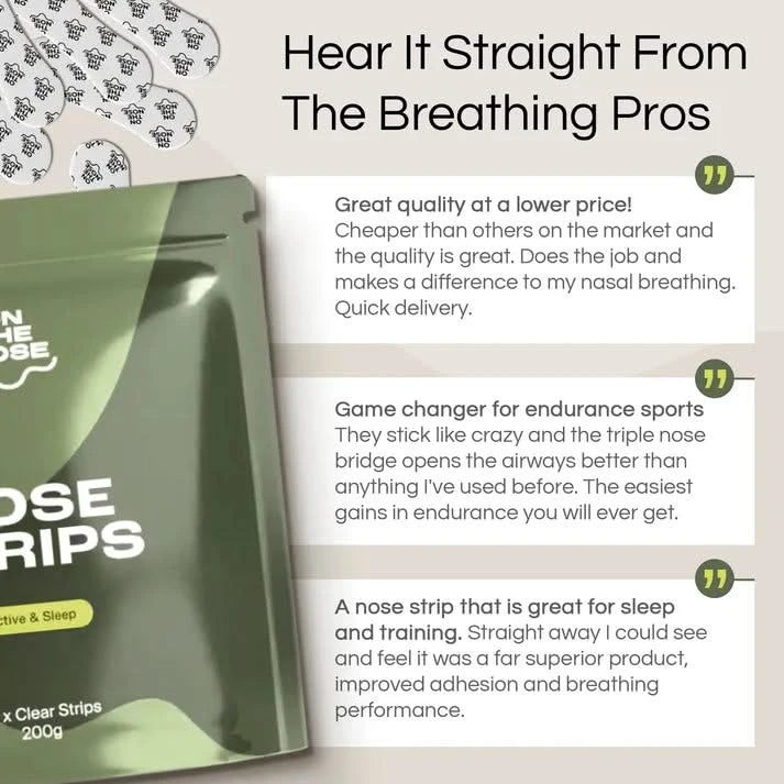Nose strip packaging with customer reviews on a light gray background